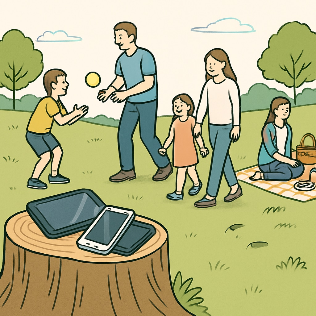 A family engaging in outdoor fun, promoting a balance between technology and real-life connections.