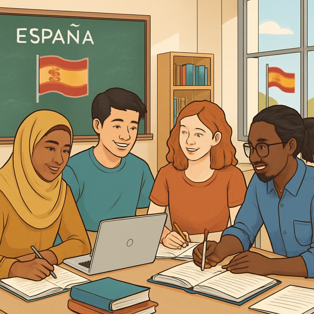 A diverse group of international students studying together at a university in Spain. International students discussing coursework at a Spanish university.
