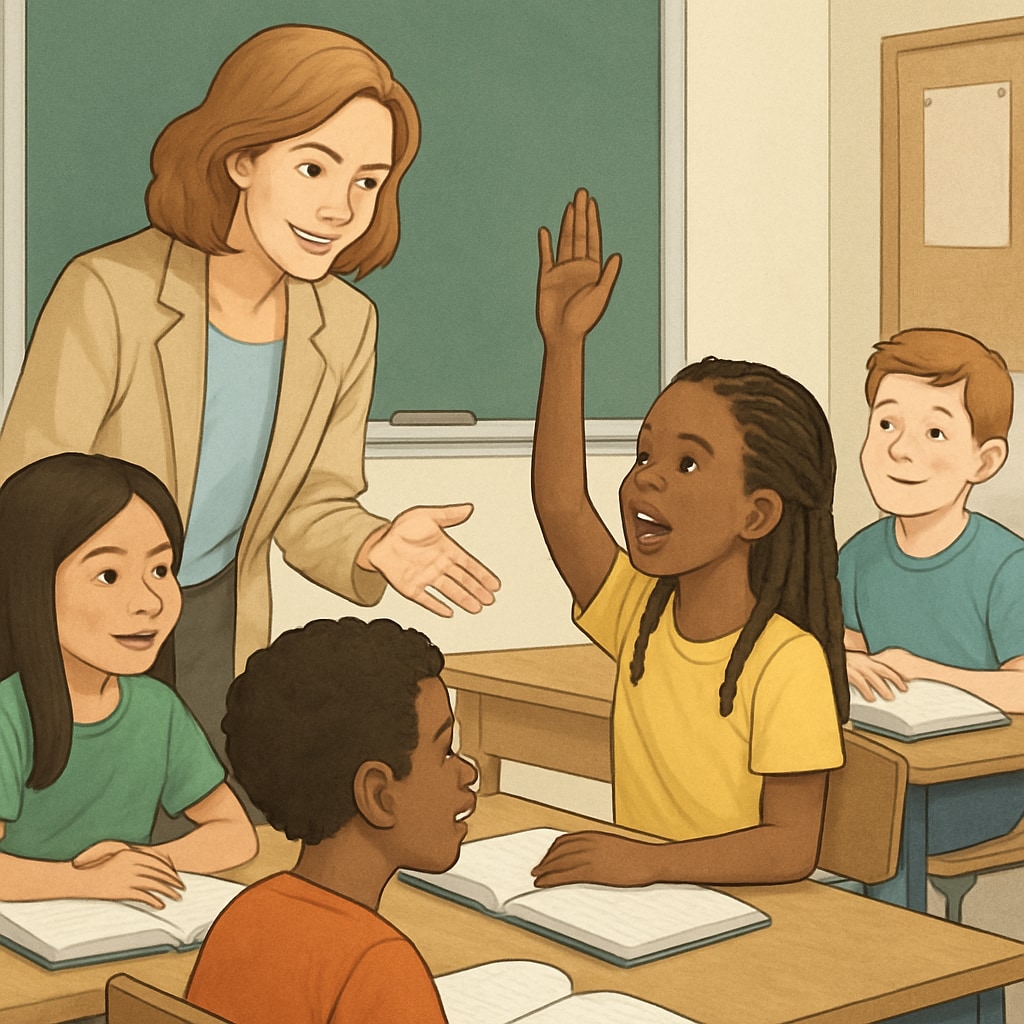Teacher with diverse students in a classroom, promoting inclusive learning.