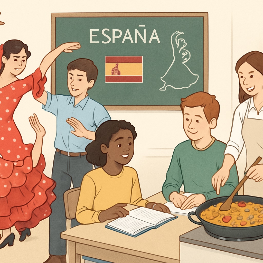 Students participating in a cultural workshop, learning Spanish traditions like flamenco dancing or cooking paella. International students engaging in cultural activities in Spain.