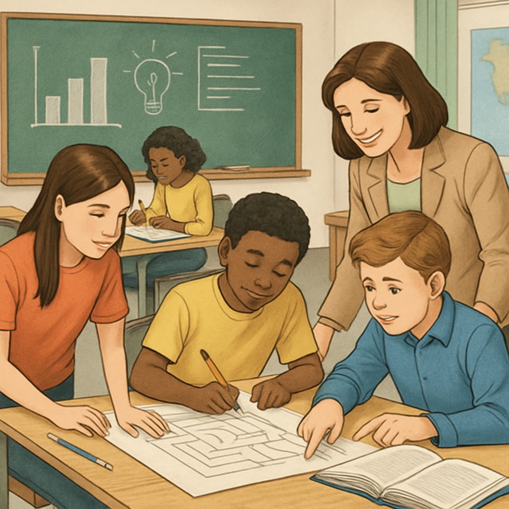 A classroom with students engaged in project-based learning, emphasizing collaboration and critical thinking. A classroom environment focusing on project-based learning and teamwork.