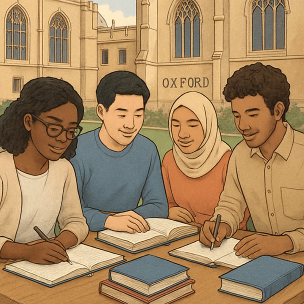 A diverse group of students studying together at Oxford University, symbolizing inclusivity and educational diversity. Diverse students at Oxford University discussing education and tuition fees.