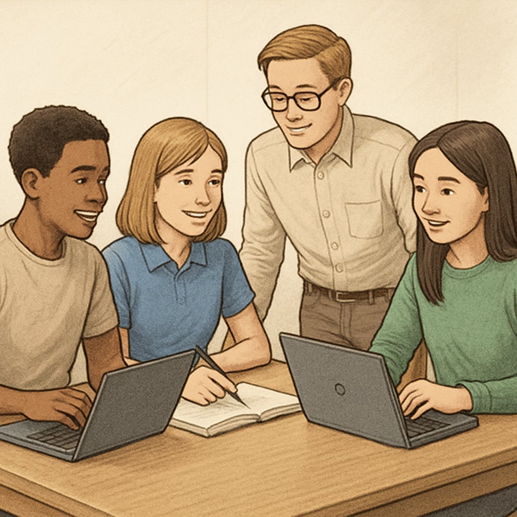 A group of students working collaboratively on laptops, highlighting digital literacy in education. Students using laptops in a collaborative setting to develop digital skills.