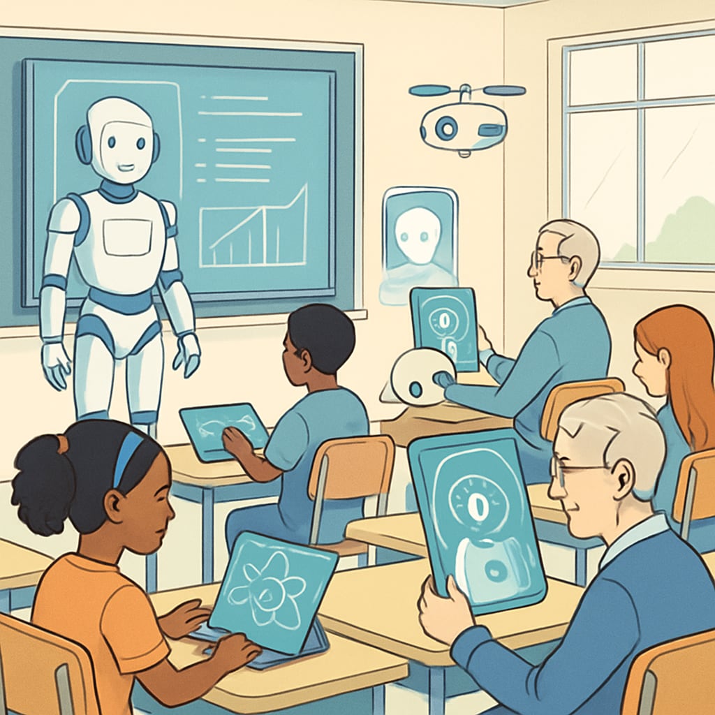 A futuristic classroom setting where students are interacting with AI-powered learning assistants. The image represents the integration of technology in education. Students in a futuristic classroom using AI-powered learning tools.