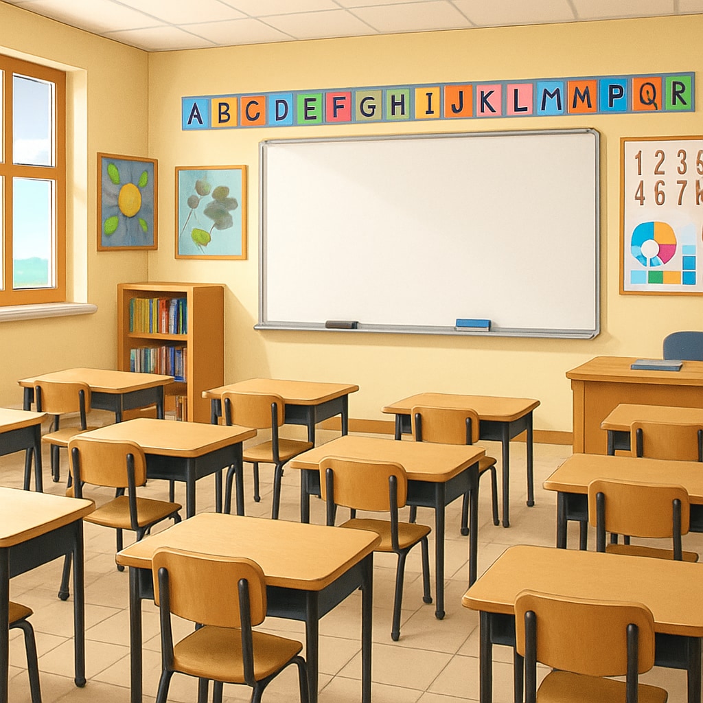 A brightly lit classroom with desks, a whiteboard, and cheerful decorations. A vibrant classroom environment showcasing student-friendly facilities.