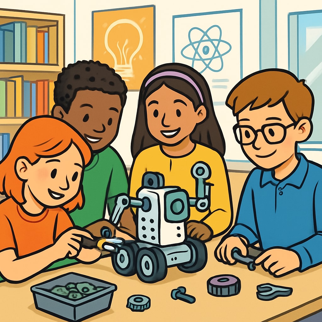 A group of K12 students working collaboratively on a robotics project. The image highlights teamwork, problem-solving, and creativity in education. K12 students working on a robotics project demonstrating teamwork and problem-solving.