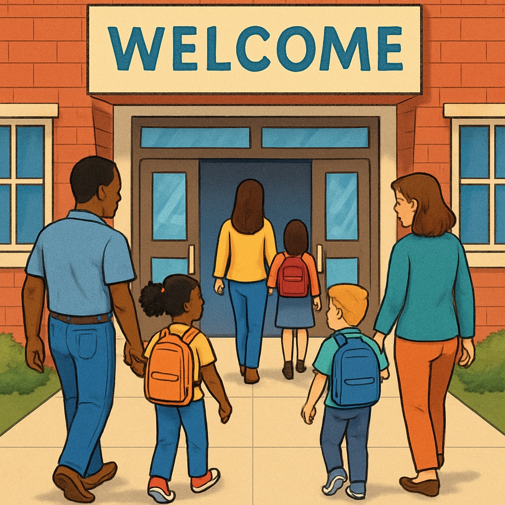 Parents and children walking into a school building with welcoming signage. Parents entering a public elementary school with their children.