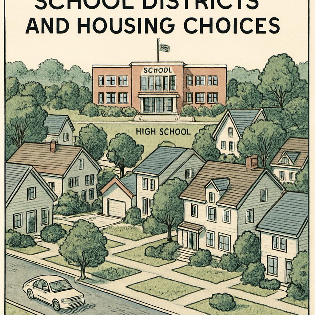 Suburban neighborhood with homes near top-ranking high school, representing the link between school districts and housing choices.