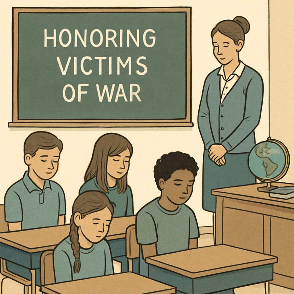 A symbolic image of a classroom with students observing a moment of silence for victims of war around the world. Students in a classroom observing a moment of silence for global war victims.