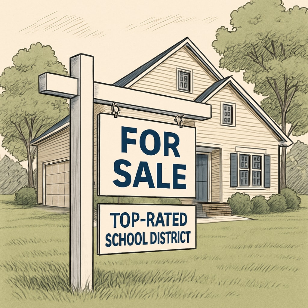 Real estate for-sale sign in front of house in sought-after school district, showing how education affects property value.