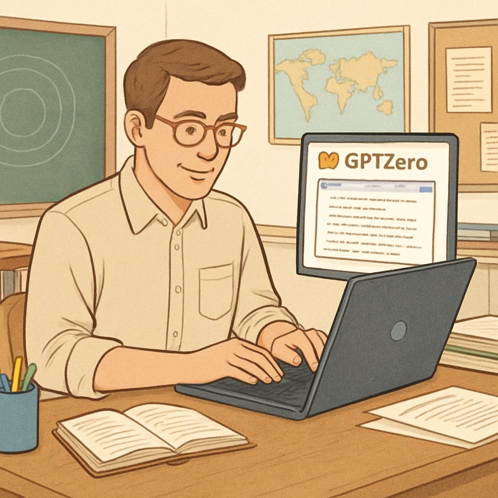 A teacher using GPTZero to monitor student writing on a laptop, with a Google Doc open. Teacher using GPTZero for student writing monitoring in Google Docs.
