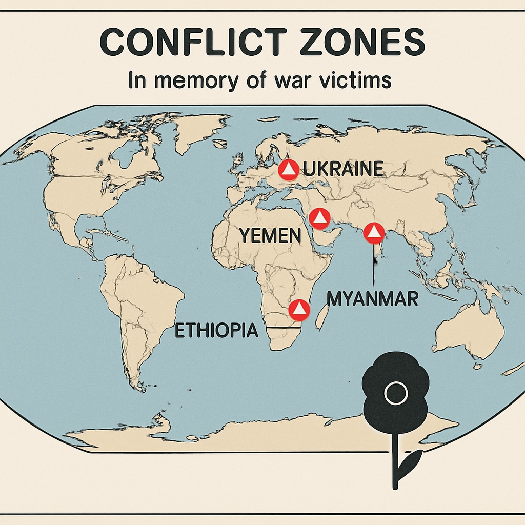 A global map highlighting conflict zones, symbolizing the generalization of war victims' remembrance. Map of global conflict zones representing generalized war victims remembrance.