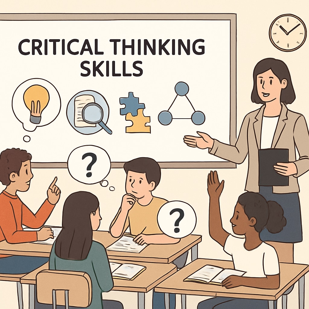 A classroom with students and a teacher emphasizing critical thinking skills. Students learning critical thinking skills in a classroom setting.
