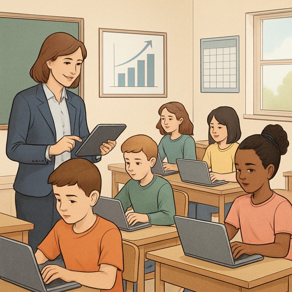 A classroom setting where students are working on laptops, monitored by a teacher using GPTZero. Students writing on laptops while a teacher monitors their progress with GPTZero.