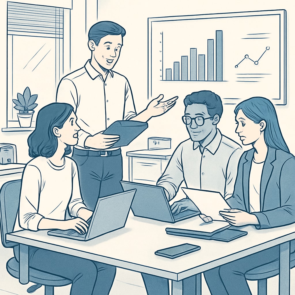 A group of young professionals collaborating in a modern office environment. Young professionals collaborating in a workplace to highlight practical skills.