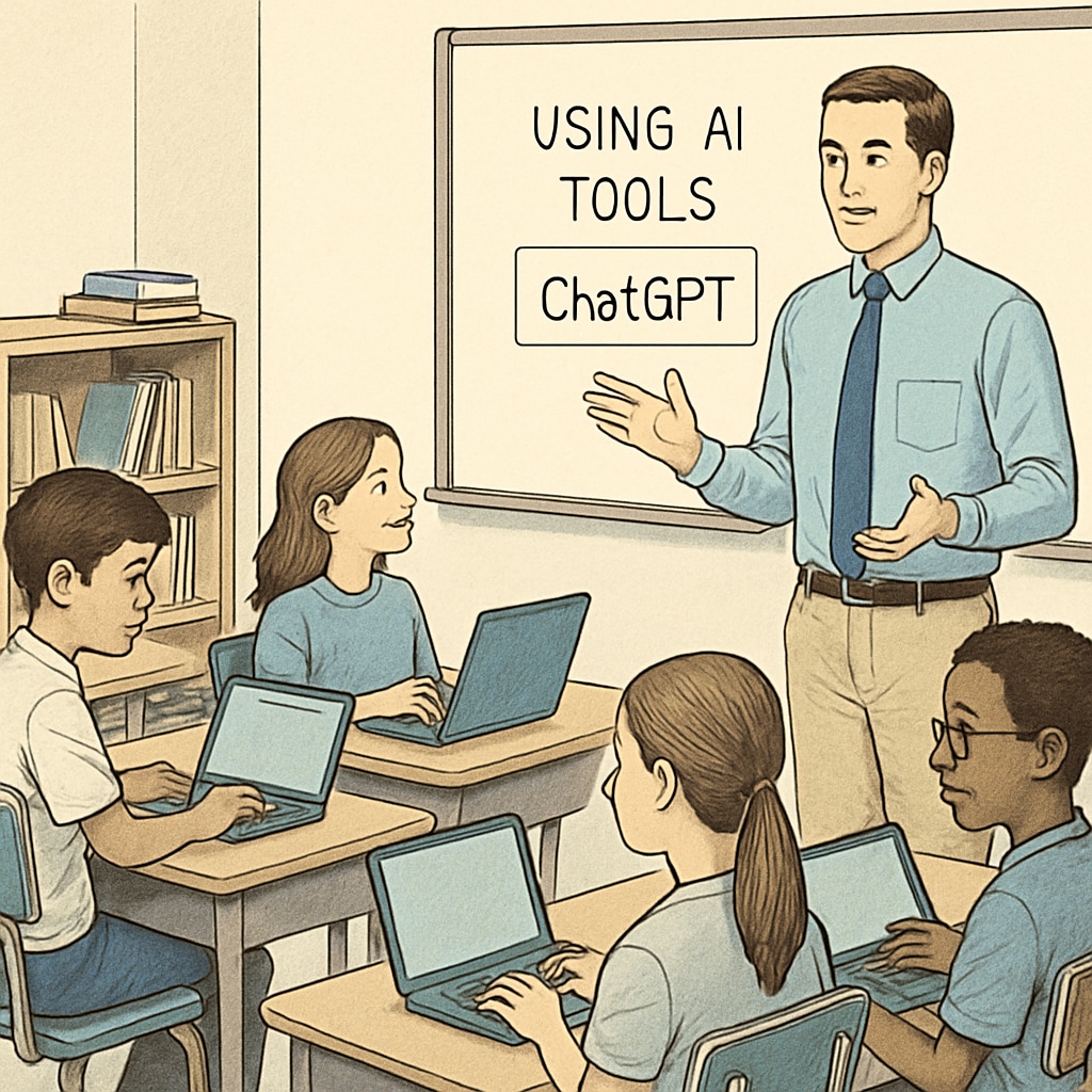 A classroom of students using laptops, with an educator guiding them on how to use AI tools like ChatGPT effectively. Students learning how to use large language models, with a focus on critical thinking and technology integration.
