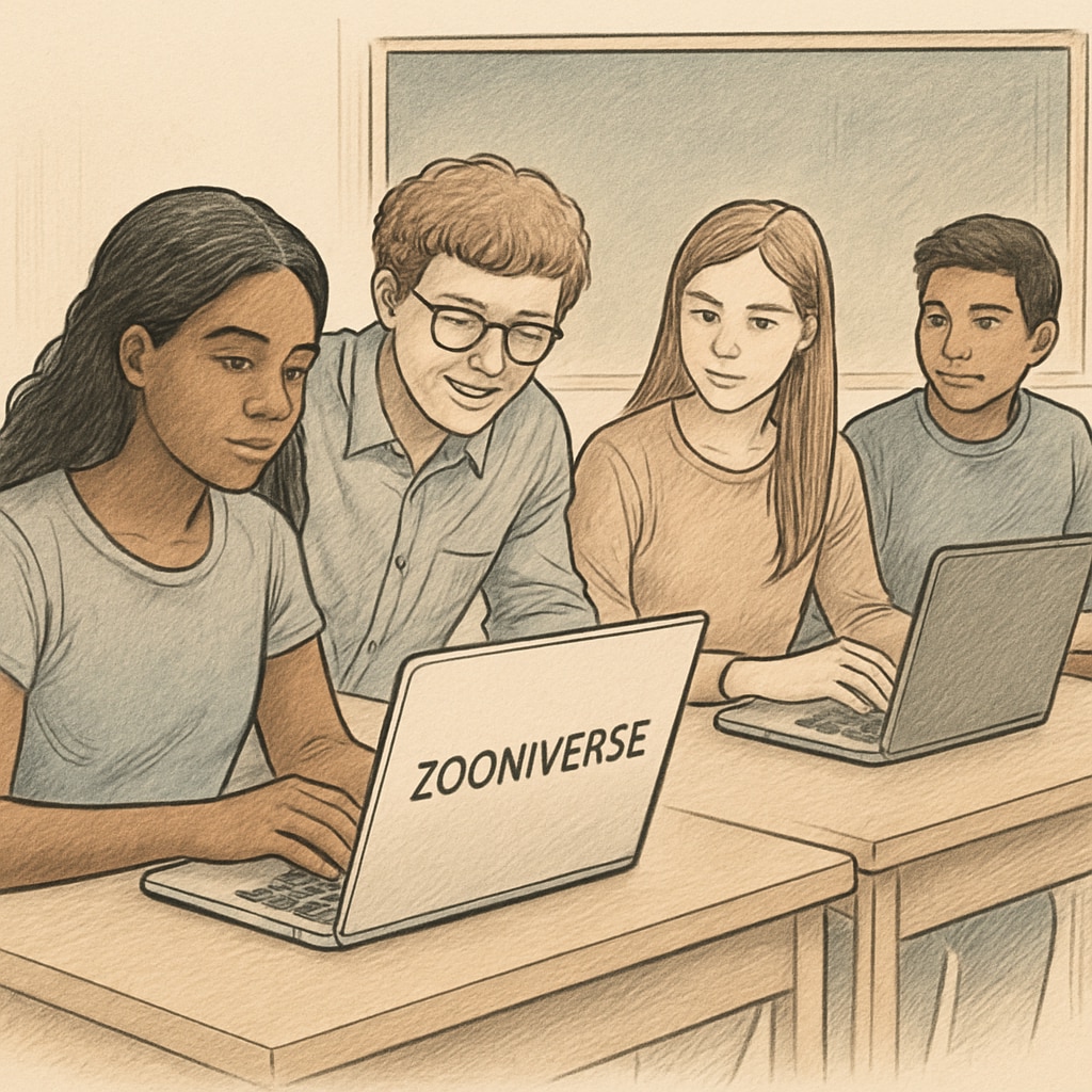 Students collaborating on Zooniverse citizen science projects in a classroom setting.