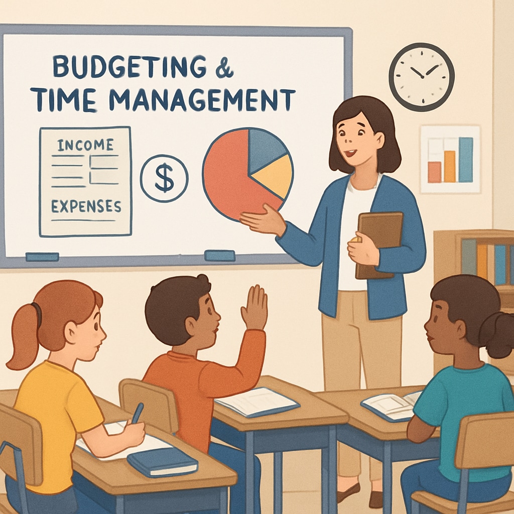 A classroom setting where students are learning budgeting and time-management skills, emphasizing practical education. Financial literacy, time management, school curriculums classroom activity