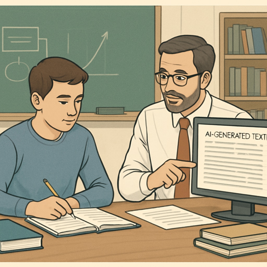 A student analyzing AI-generated text with a teacher, discussing the reliability of sources. A teacher and student evaluating AI-generated content to promote critical thinking in education.