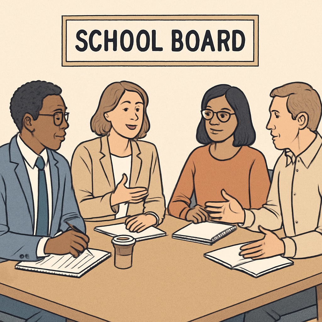 A diverse group of school board members engaging in a productive discussion at a meeting table. School board members discussing strategies for effective governance.