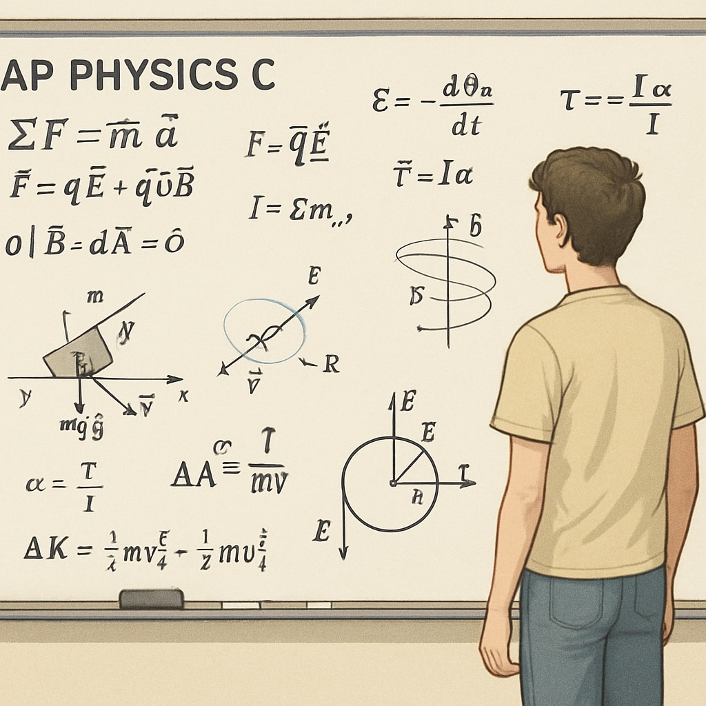 High school student analyzing physics equations in AP Physics C classroom