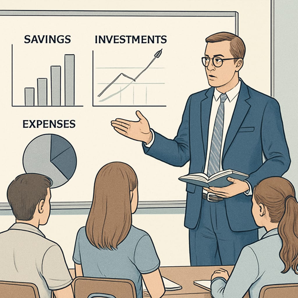 A teacher explaining financial concepts to high school students using visual aids like charts and graphs. Financial literacy, time management, school curriculums teacher presentation