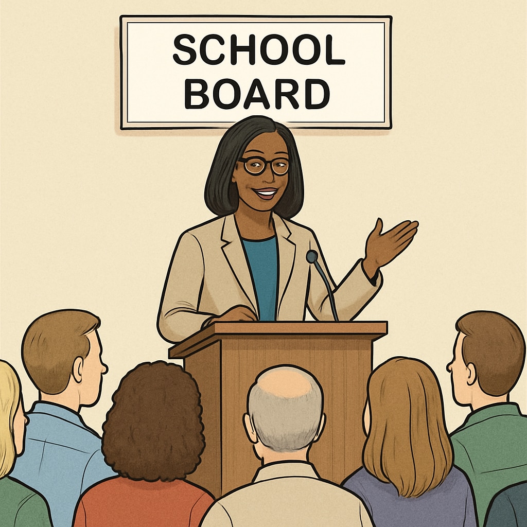 A school board member addressing a community meeting, showcasing effective communication. A school board member engaging with the community to improve transparency.