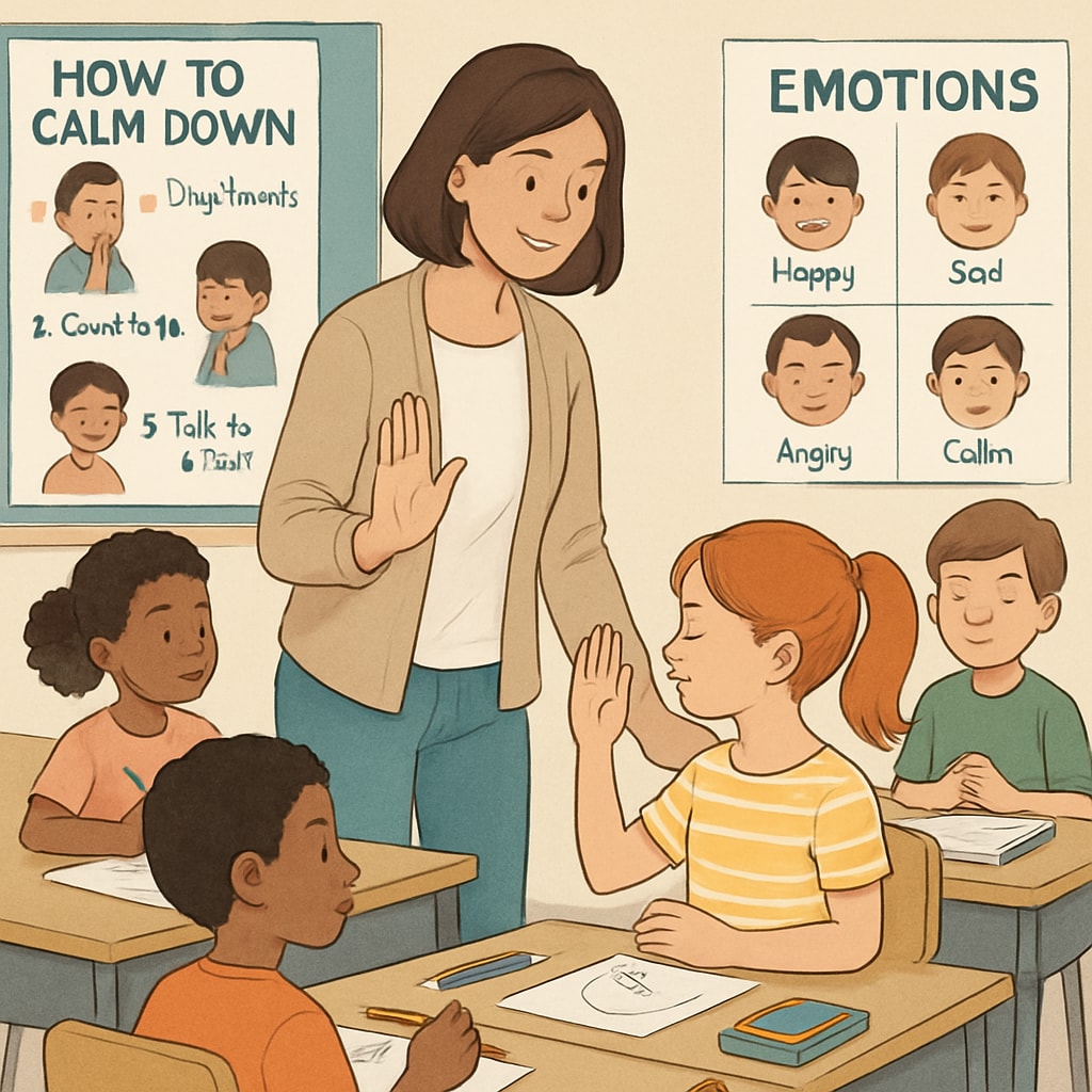 An illustrated depiction of children learning emotional regulation in a classroom setting. Children practicing emotional regulation in a classroom environment