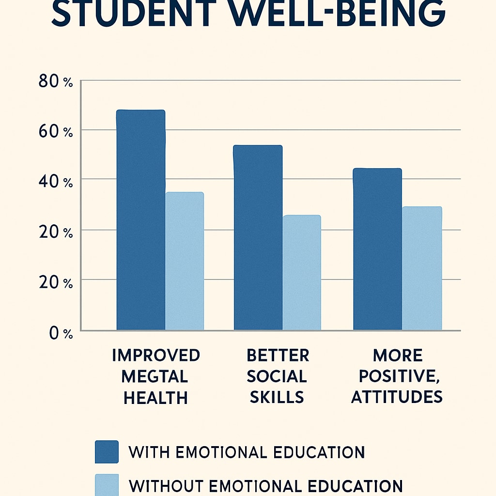 A chart showing statistics on emotional education's impact on student well-being. Statistics revealing how emotional education improves student mental health