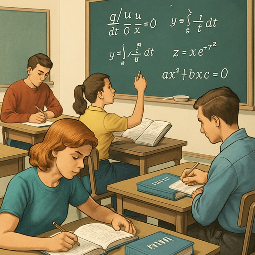 A classroom setting where students are working on advanced mathematics problems. The image emphasizes the importance of foundational math courses. Students engaged in mathematics courses like Calculus II and Linear Algebra in a classroom.