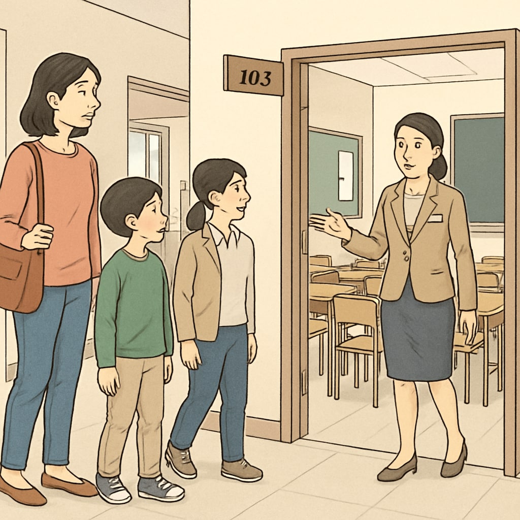 A parent and child touring a school with a guide, examining the facilities and classrooms to assess quality and suitability. Parent and child visiting a school, assessing its environment and features