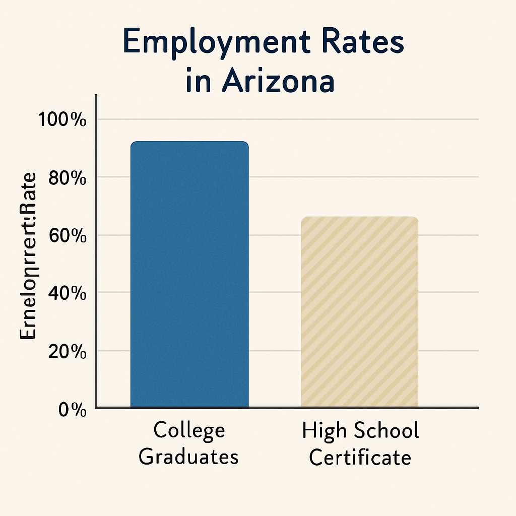A chart illustrating the difference in employment rates between college graduates and high school certificate holders in Arizona. Employment rates comparison chart for college graduates and high school certificate holders in Arizona.