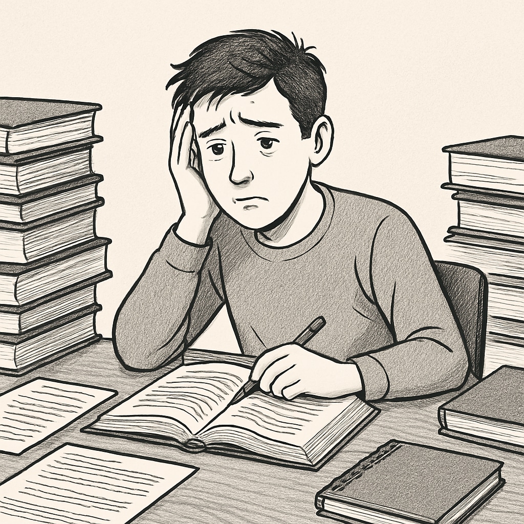 A stressed student sitting at a desk surrounded by books, symbolizing the pressure of living up to a A student overwhelmed by books, illustrating the psychological pressure of genius labels.