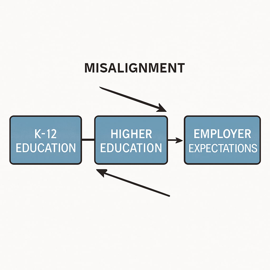 A diagram showing the lack of alignment between K-12 education, higher education, and employer expectations. Diagram highlighting the misalignment between education systems and employment needs.