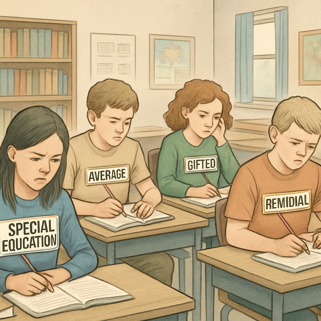 A classroom setting with students working individually, illustrating the isolation caused by educational labels. Students working alone in a classroom, showing how labels can fragment learning environments.