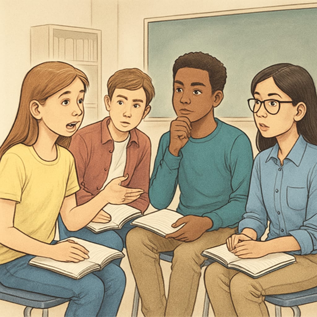 A classroom setting with students engaging in a group discussion, representing critical thinking in education. A group of students discussing in a classroom, symbolizing critical thinking and education.