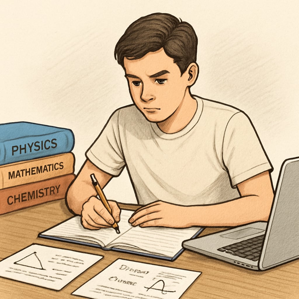 A high school student reviewing physics notes with a focused expression, surrounded by textbooks and a laptop. Student studying physics backlogs using effective time management and exam preparation techniques.
