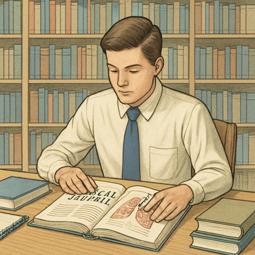 A student reading a medical journal in a library setting, symbolizing advanced reading practices for academic growth. High-achieving student reading a medical journal to improve academic skills.