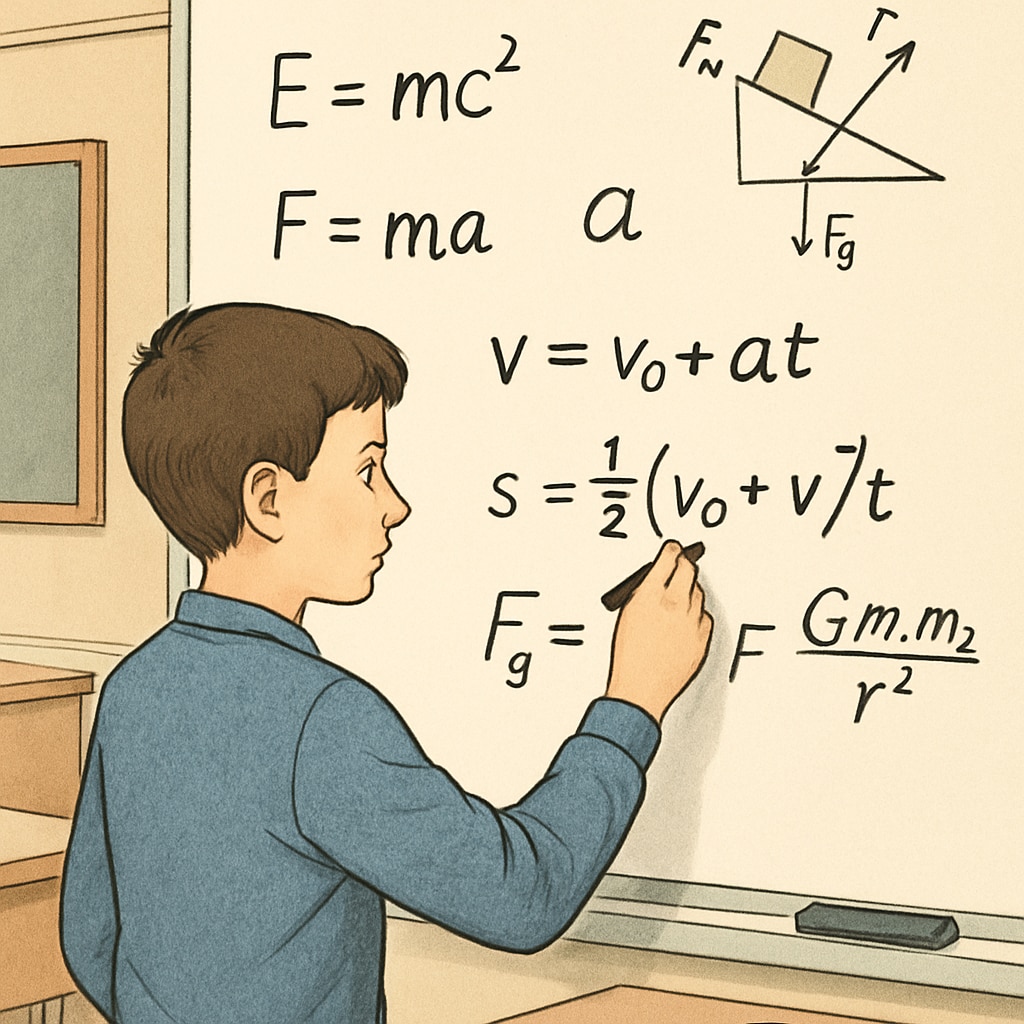 A student practicing physics equations on a whiteboard with determination. Student using a whiteboard to prepare for physics exams while clearing backlogs.
