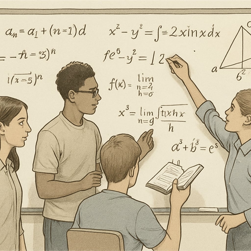A group of students solving advanced mathematical problems on a whiteboard, illustrating teamwork and advanced learning in mathematics. Students solving complex math problems to enhance academic skills.