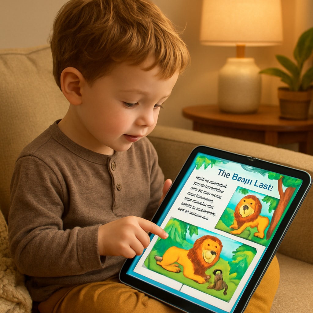 A young child using a tablet to read a colorful storybook in a cozy home setting Child using a tablet to explore a children's reading app