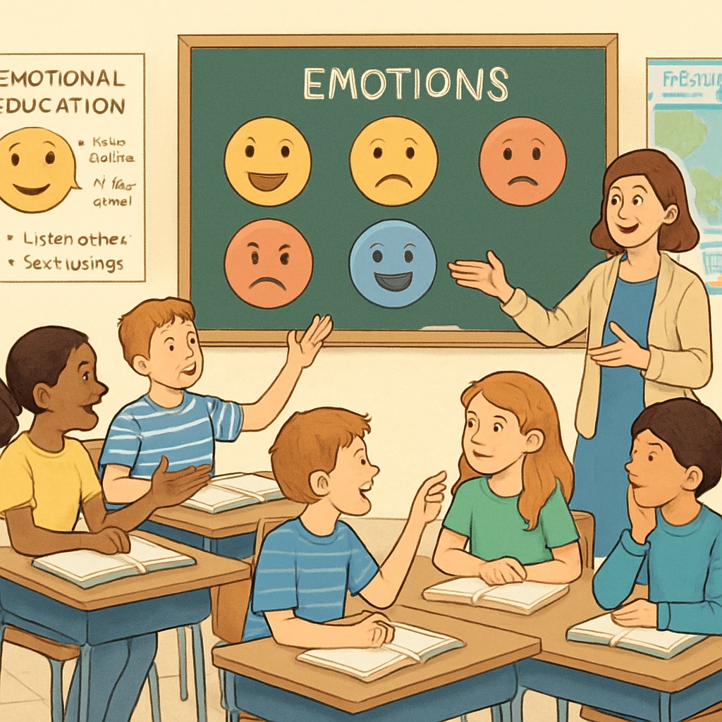 Illustration of a classroom with children discussing emotions, highlighting the importance of emotional education. Children in a classroom discussing emotions as part of emotional education.