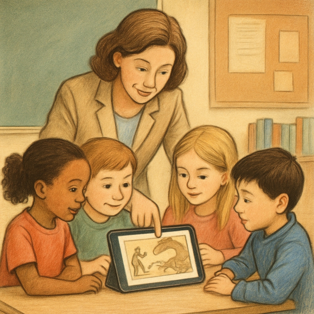 A teacher guiding a group of young students as they explore a digital storybook on a tablet in a classroom Teacher and students using a children's reading app in a classroom