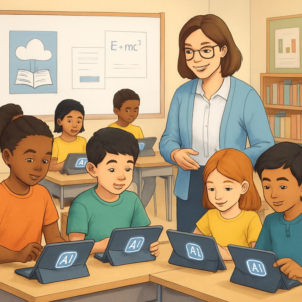 A classroom setting where students are using AI-driven learning tools on tablets, showcasing the integration of technology in education. Students using AI-powered tools in a classroom, highlighting AI in K-12 education.