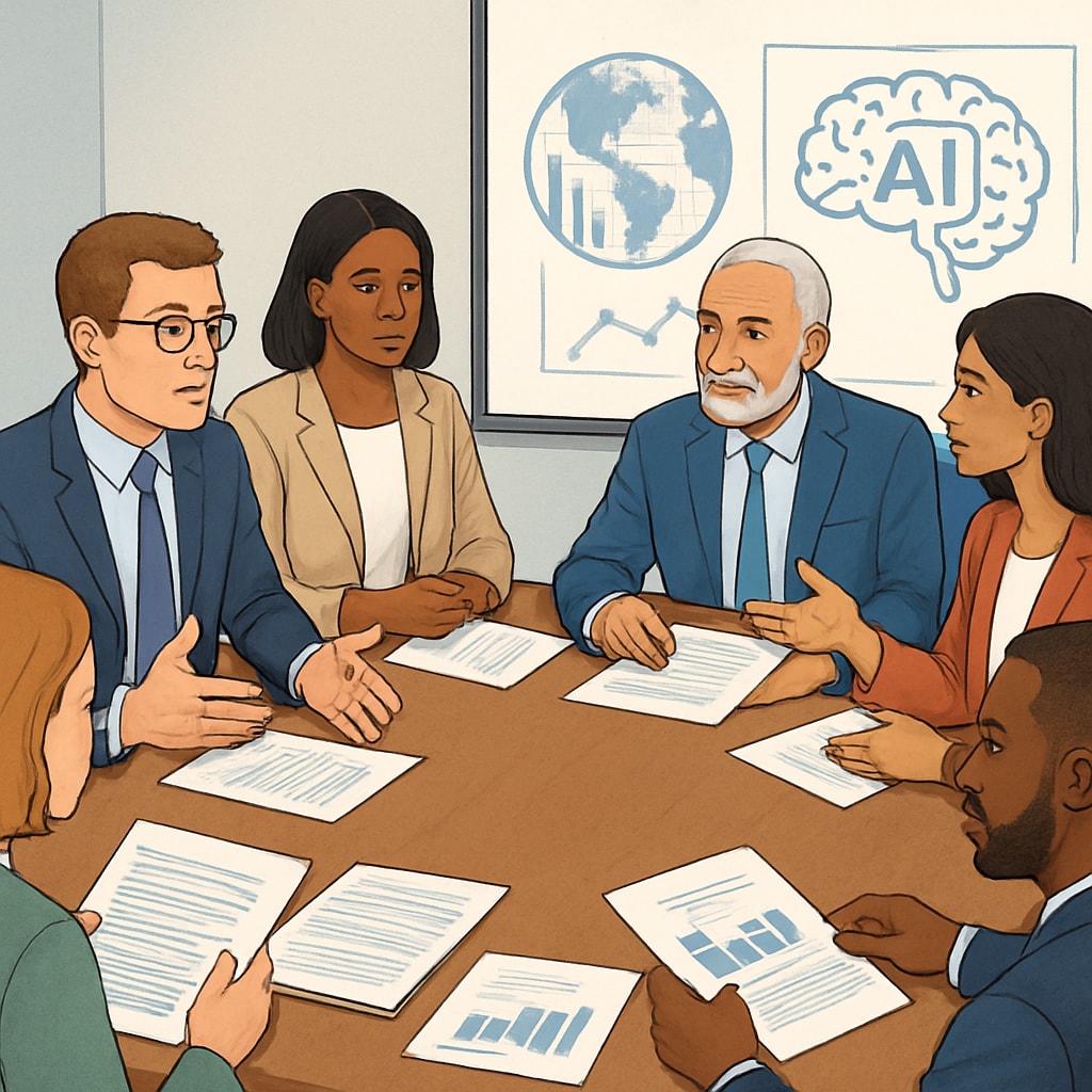 A conference room with diverse policymakers and educators discussing the use of AI in global education systems. Policymakers and educators discussing AI’s role in global education reform.