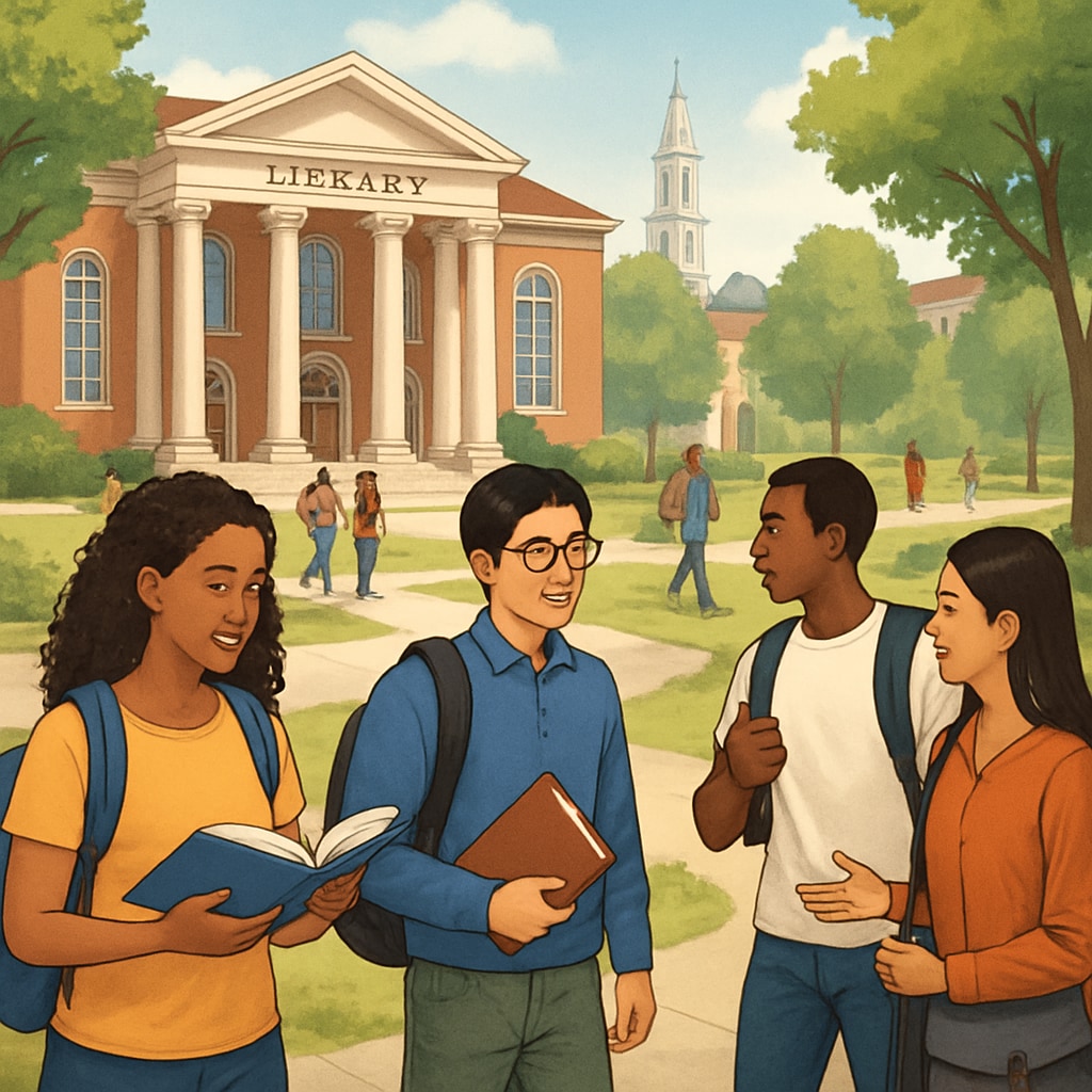 A visually appealing image showing students on a U.S. university campus, symbolizing international education opportunities. International students on a U.S. university campus discussing master's application options