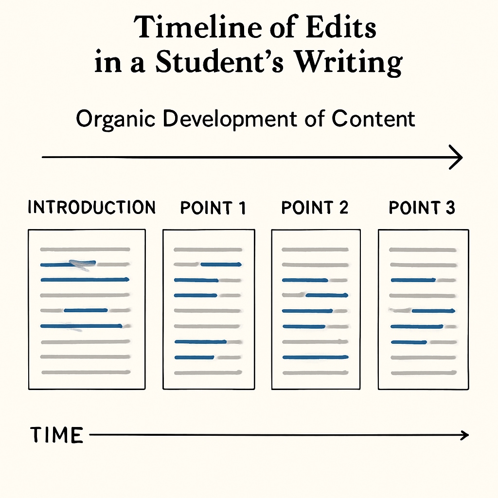 A visualization from Draftback illustrating the timeline of edits in a student’s writing, emphasizing the organic development of content. Draftback visualization showing the timeline of writing and edits in a student’s essay.
