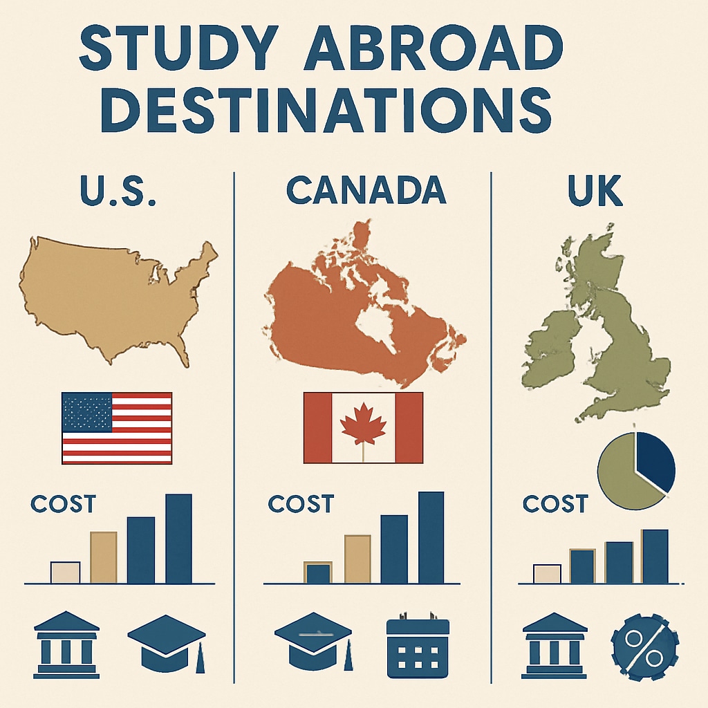 A graphic showing a comparison of study abroad destinations, highlighting the U.S., Canada, and the UK as top choices. Comparison of top study abroad destinations including U.S., Canada, and UK