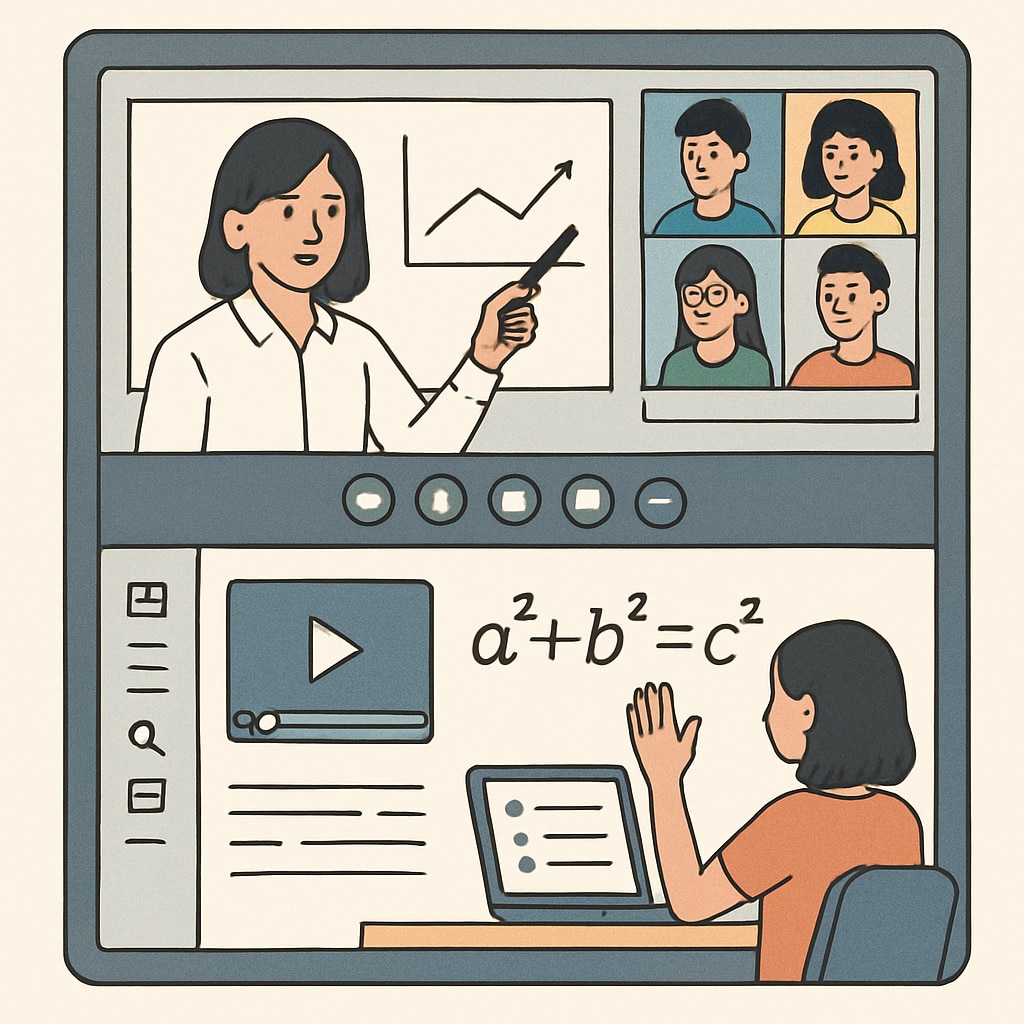 A virtual classroom interface showcasing live interaction between students and instructors. Virtual classroom interface highlighting student-instructor engagement.