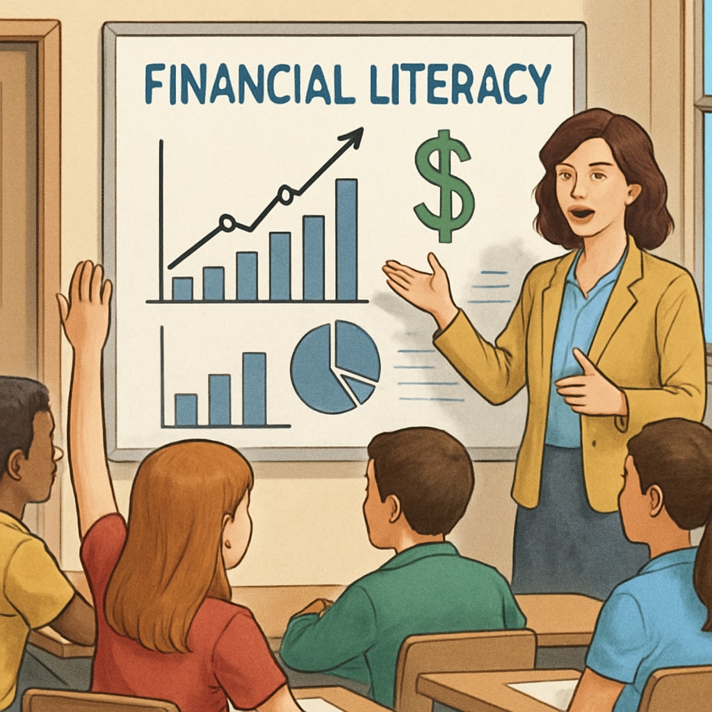 A classroom setting with students engaged in a financial literacy lesson, including charts and graphs displayed on a whiteboard. Financial literacy lesson in a classroom with charts and graphs on a whiteboard
